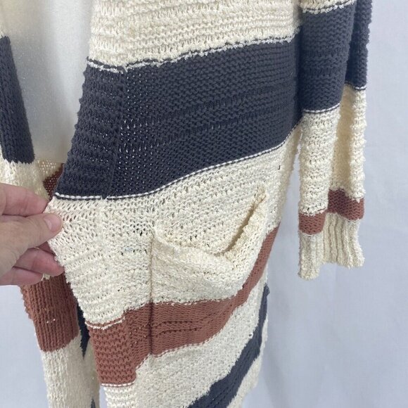 Knox Rose Cardigan Duster Sweater Size M Open Front Striped Gray Cream Pink - Picture 4 of 11